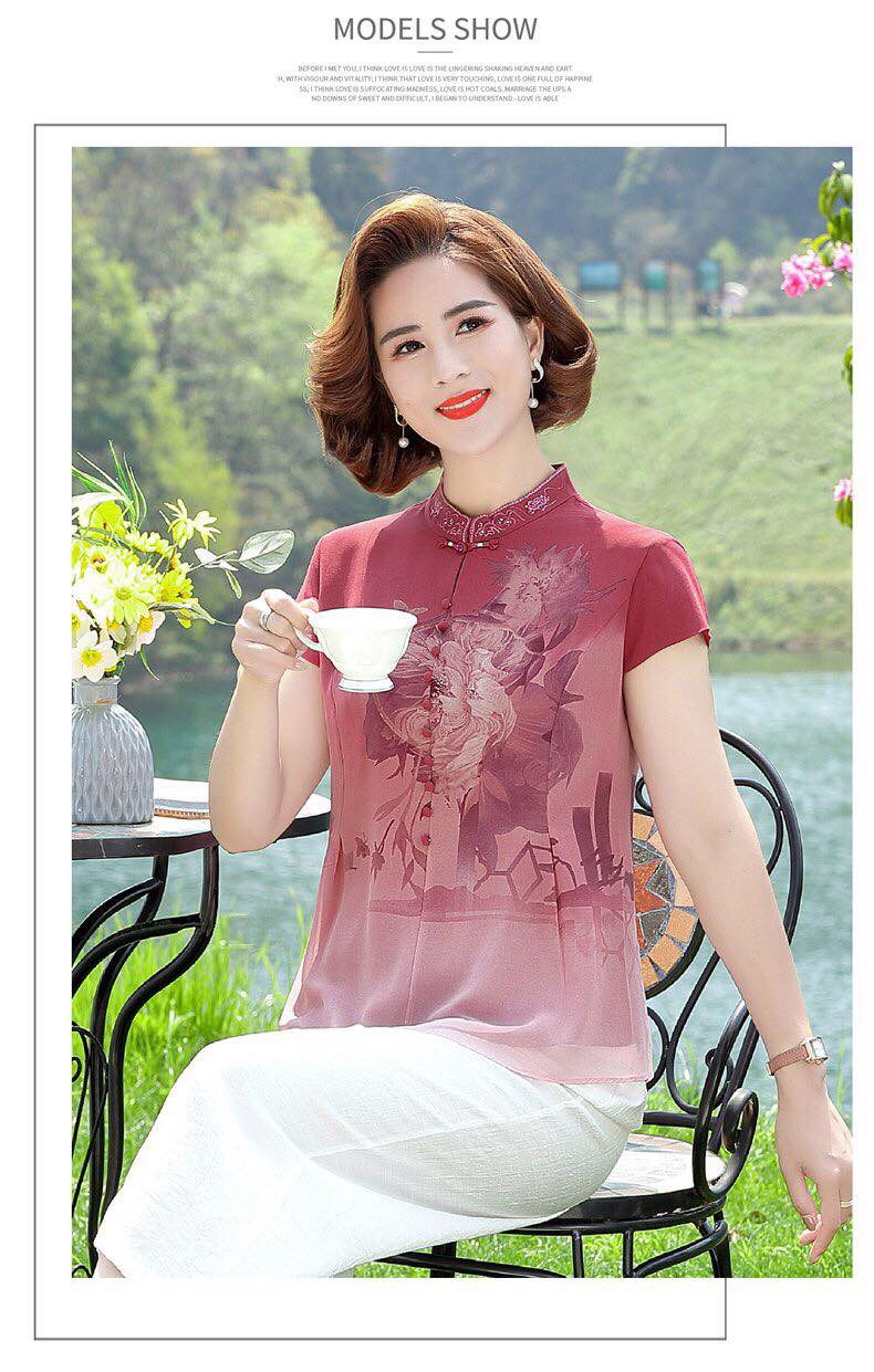 Áo sơ mi cổ tàu nữ trung niên, người già