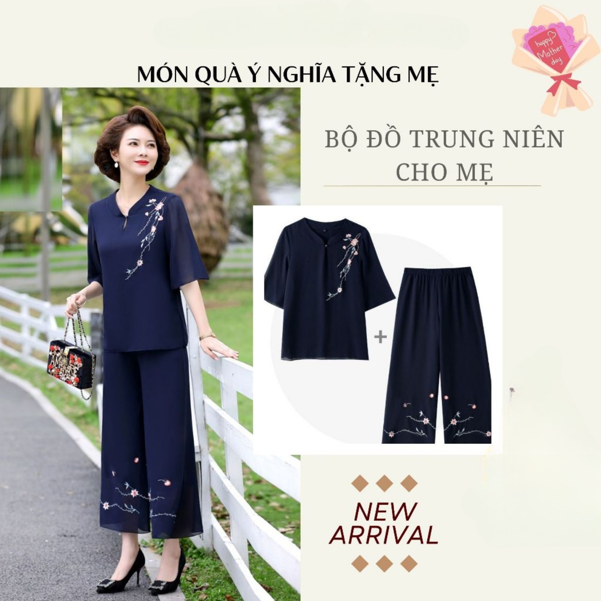 Bộ đồ trung niên đi chơi cho mẹ, cho chị, voan thêu 2 lớp cao cấp OBBM SULA ms481